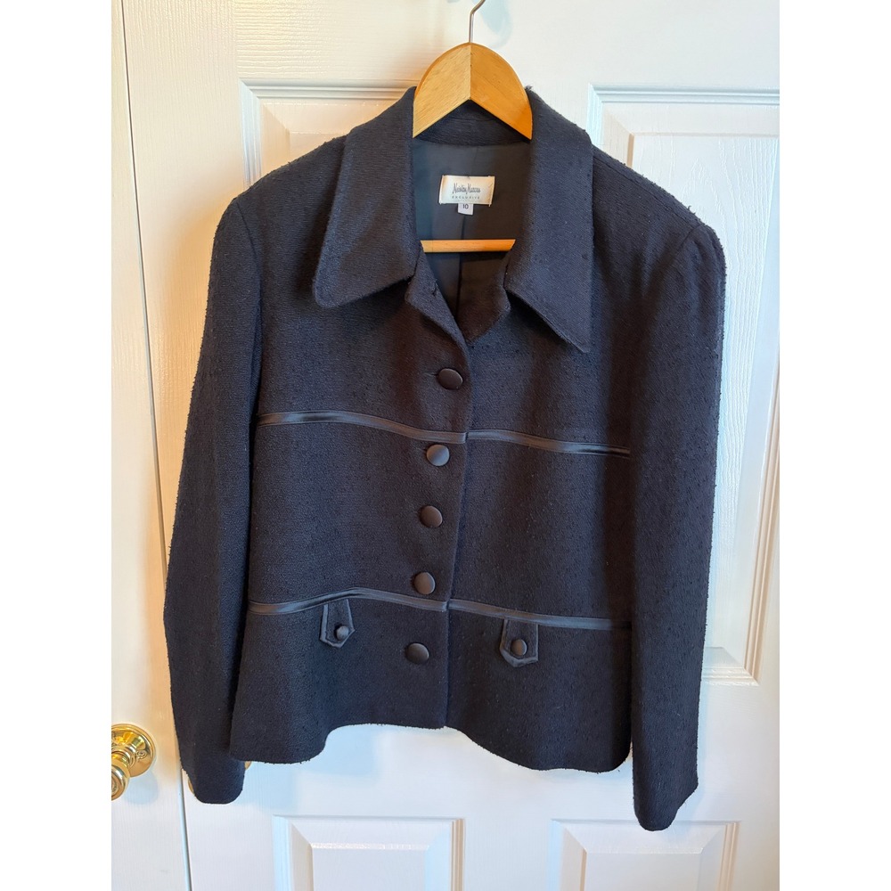 Vintage Neiman Marcus Black Wool Blend Satin Trim Blazer Jacket Size 10 USA Made
